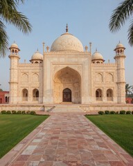 Fototapeta premium Back view of a Mughal inspired house that fuses ancient architecture with minimalism designed in a royal cream and ruby theme