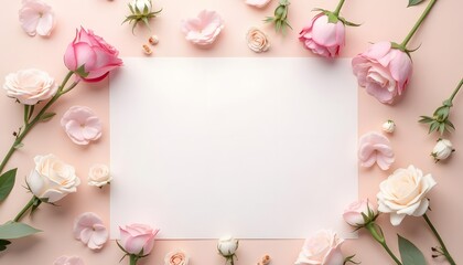 Pale pink background w white paper framed by roses rose buds  blossoms