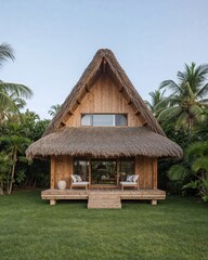 Back view of a Polynesian fale style house that fuses ancient architecture with minimalism designed in a soft coral and driftwood theme