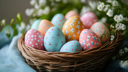 Pastel Easter Eggs in a Woven Basket with White Flowers