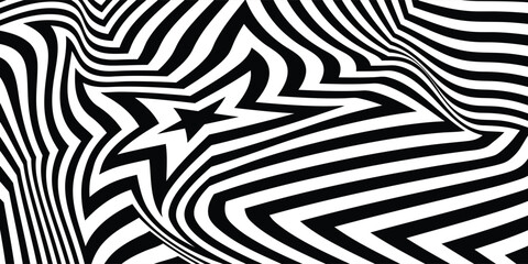 Abstract hypnotic pattern with black-white striped lines. Psychedelic background. Op art, optical illusion. Modern design, graphic texture.