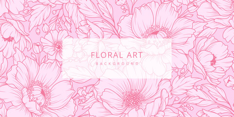 Elegant Floral Pink Background with hand drawn vintage pattern of flowers and leaves. Vector design for card, poster, flyer, banner, wedding invitation, print, cover, label, wallpaper