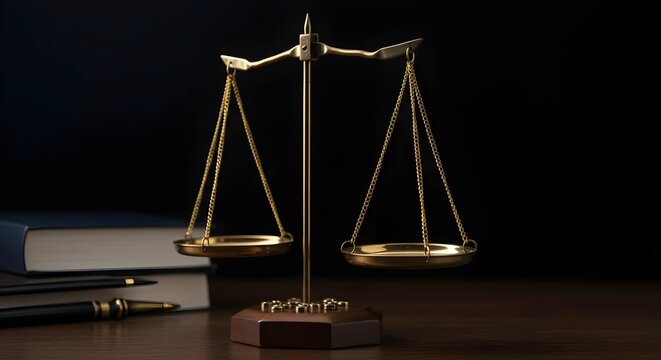 Scales, Justice, Law, Scales of Justice on Wooden Desk with Law Books and Pen