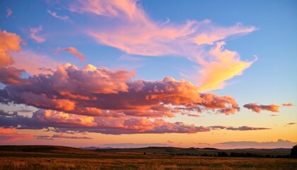 Obraz premium Gently glowing clouds in sunset pastels drifting over a calm field, shadows softening as light fades in the upper sky
