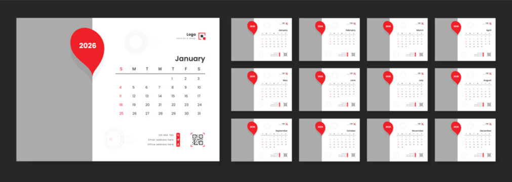 Desk Calendar 2026 template. 2026 Calendar Planner Set of new Template 12 Monthly Page for Corporate or Personal use. Calendar template for 2026 with week start on Sunday.