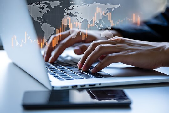 Global Business Analyst Working on Laptop with World Map and Stock Market Data Overlay Representing International Finance and Trading