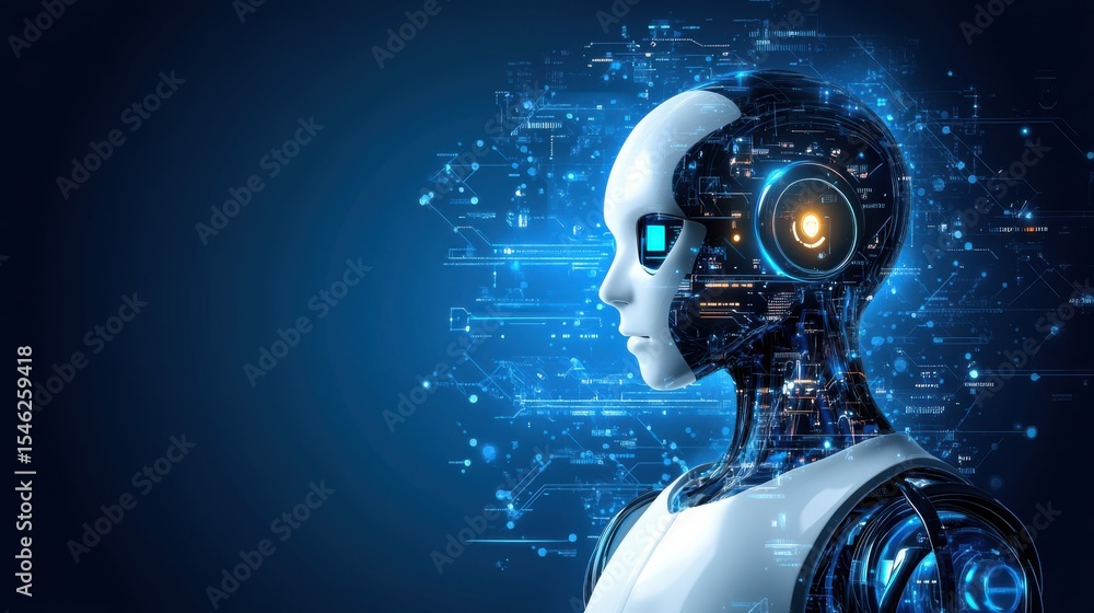 Poster futuristic robot with digital interface and artificial intelligence concepts