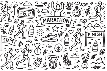 Vector background doodle with a marathon theme, illustrated in black and white using bold black outlines showing runners, numbers, shoes, and finish lines.

