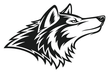 A black and white wolf head looks upward with noble expression captured elegantly