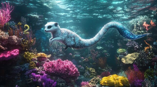 A hyper-realistic meerkat with only its forelegs visible gracefully merges into a flowing, iridescent mermaid tail, replacing its hind legs. - Powered by Adobe