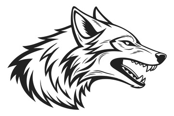 Isolated wolf head shows its fangs in a monochrome design for tattoo art
