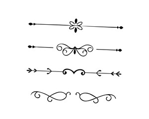 Text dividers doodle set. Wedding decorative elements. Divider ornament, borders, vintage line separators. Hand drawn vector illustration isolated on white background