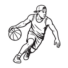 Monochrome vector of a basketball player in action, dribbling the ball with urban street style, defined by solid black lines and minimal detail.

