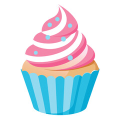Whimsical Cupcake with Pink Swirl Frosting and Light Blue Liner Illustration for Dessert Theme