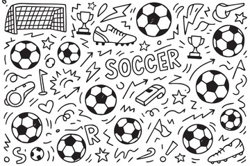 Black and white vector doodle background featuring soccer icons like cleats, whistles, scoreboards, and goalposts, outlined in thick black lines.


