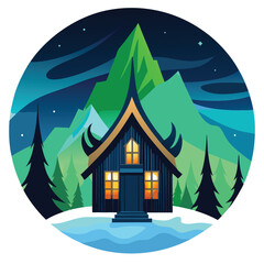 Winter Cabin under Aurora Borealis, Mountains and Forest Landscape Illustration in Circle