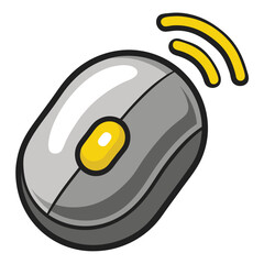 Wireless Computer Mouse Cartoon Illustration with Yellow Scroll Wheel and Signal Waves