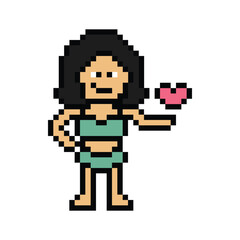 Fototapeta premium Cute pixel cartoon two piece character woman bikini swimming suit game summer beach vacation decoration lifestyle female bikini 2 piece 8 bit holiday relax pixel art png 8bit vector.