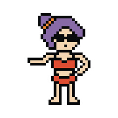 Obraz premium Cute pixel cartoon two piece character woman bikini swimming suit game summer beach vacation decoration lifestyle female bikini 2 piece 8 bit holiday relax pixel art png 8bit vector.