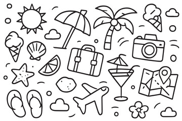 Vector background doodle with a holiday theme, illustrated in black and white with bold black outlines featuring suitcases, sunglasses, maps, and palm trees.

