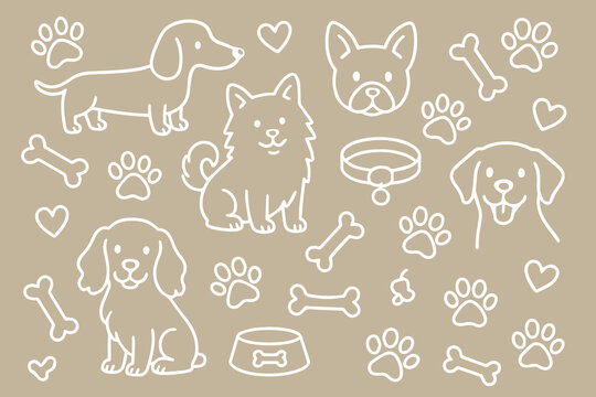 Vector background pattern with dog lover theme, illustrated in doodle style featuring paws, bones, collars, and happy dogs in playful hand drawn lines.
