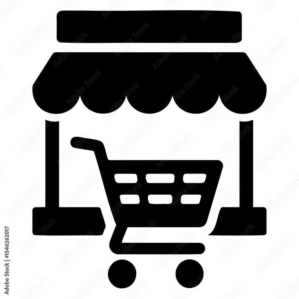 Poster a solid black icon showing a shopping cart in front of a store with an awning and two pillars on tra