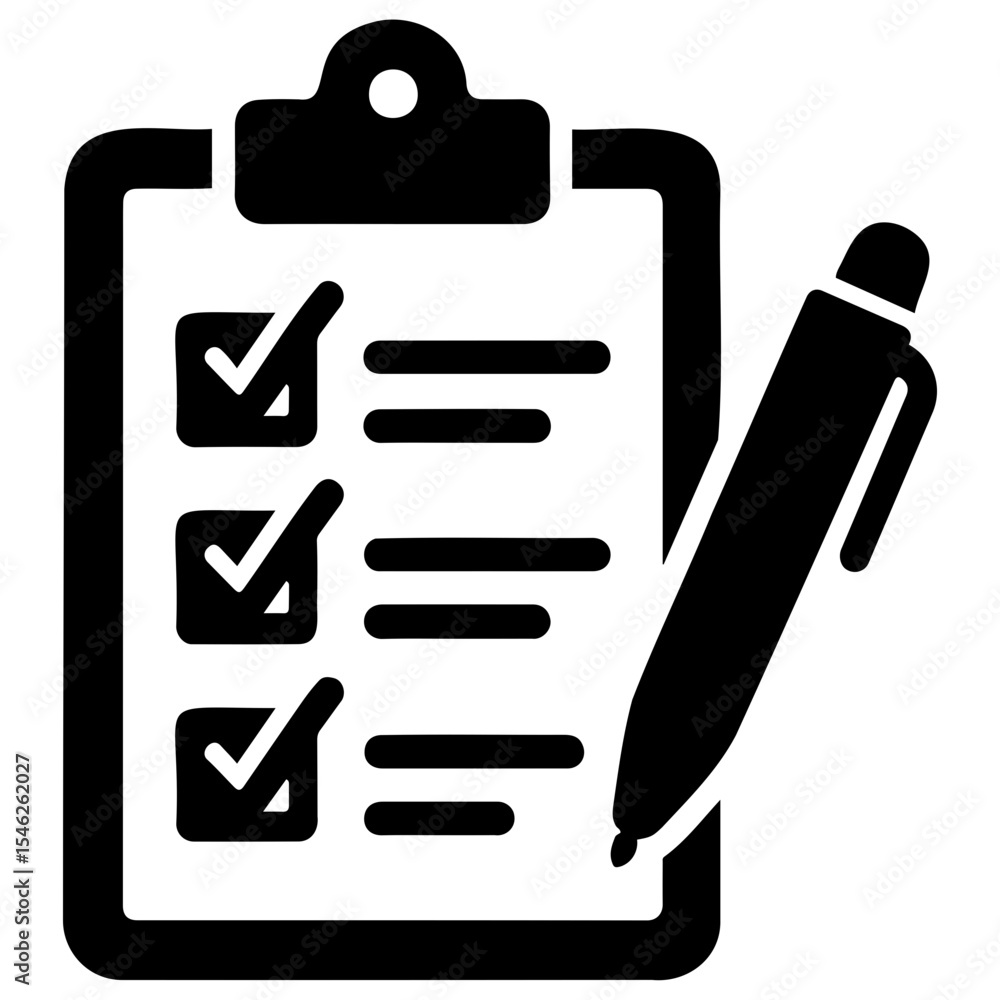 Poster clipboard with three check marks and lines next to each and a pen on the right side of it on transpa