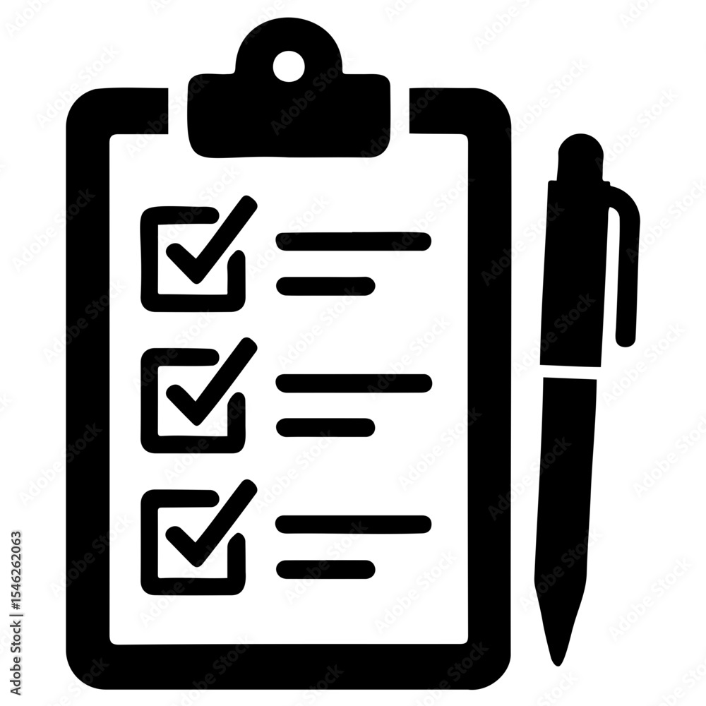 Poster a clipboard with three checkmarks and lines next to them, along with a pen on the side on transparen