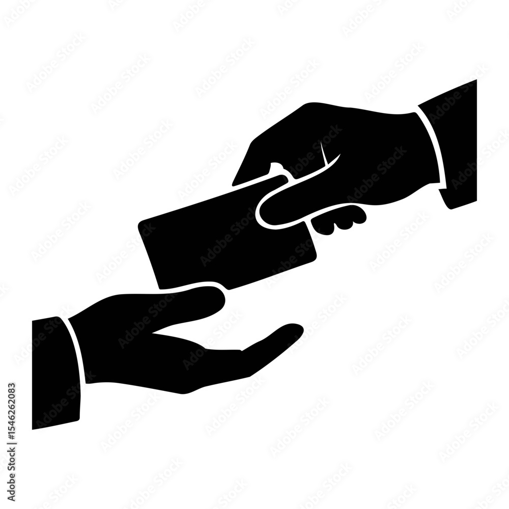 Poster a black and white graphic of two hands exchanging a card in a simple and elegant design style on tra