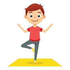 Young Boy Cartoon Practicing the Tree Yoga Pose on a Yellow Mat