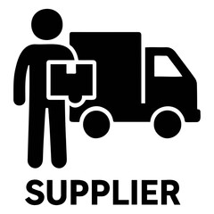 A black and white icon showing a supplier holding a box next to a delivery truck image icon on transparent background