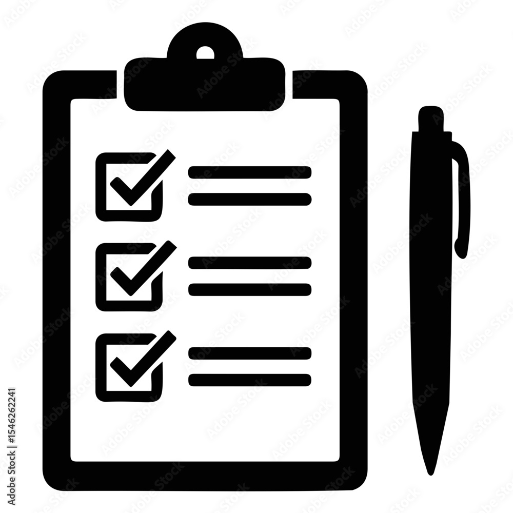 Poster clipboard with checkmarks and lines next to a pen indicating tasks completed and ready to go on tran