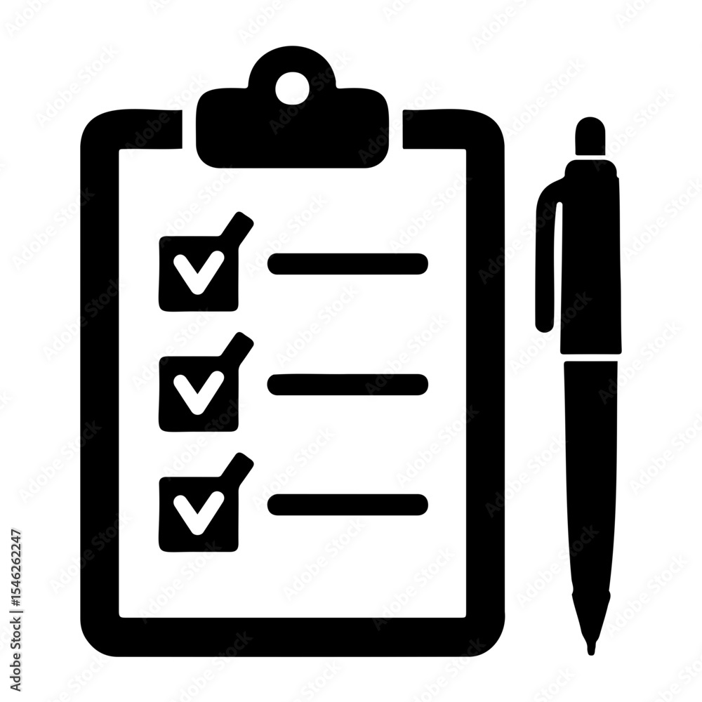 Poster black and white image of a clipboard with checkmarks and lines next to a pen icon image on transpare