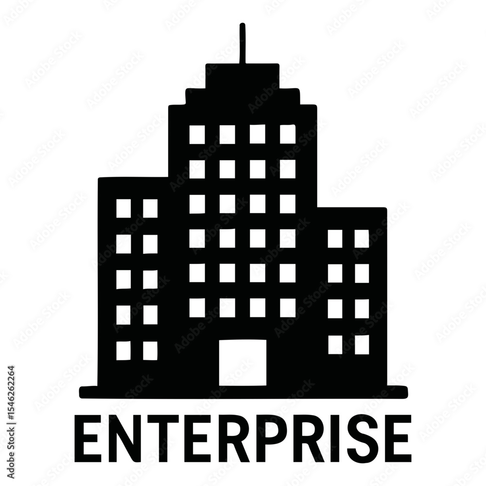 Poster illustration of a black enterprise building with multiple windows and an antenna on top on transpare