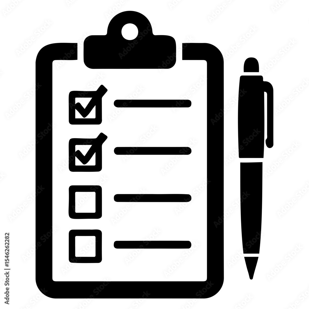 Aufkleber Illustration of a clipboard with checkmarks and blank boxes next to a pen on the right side on transparent background