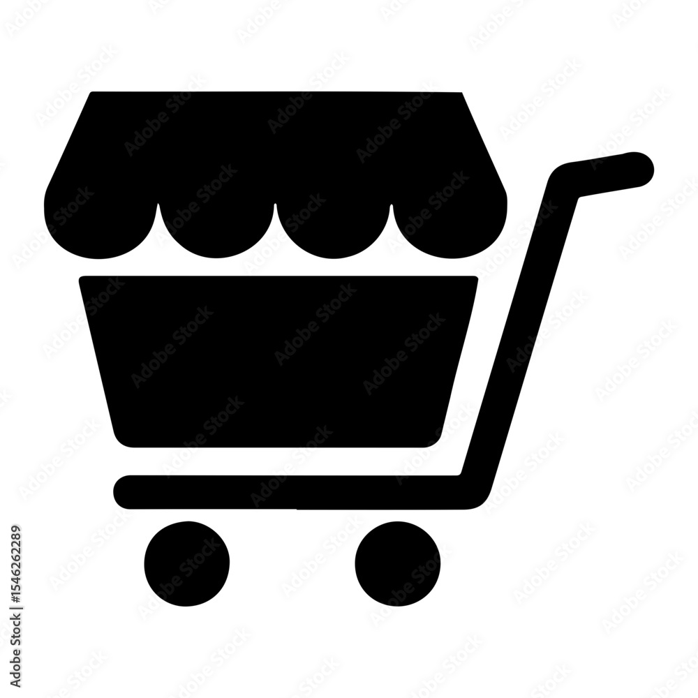 Poster illustration of a black shopping cart with a scalloped awning and two round wheels below it on trans