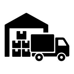 A black and white icon showing a delivery truck next to a warehouse full of stacked boxes on transparent background