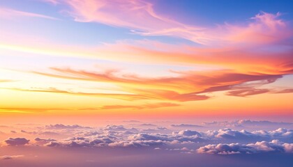 Obraz premium Evening sky with delicate pastel clouds, layers of tangerine and lilac flowing across an expansive quiet horizon.