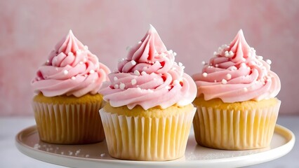 Freshly baked cupcakes with pink frosting and colorful sprinkles, perfect for a birthday party or dessert table
