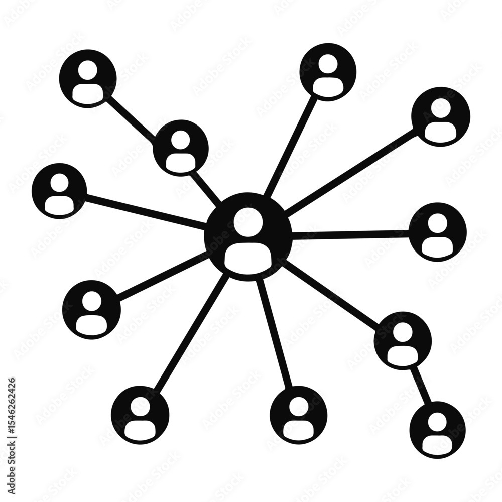 Poster network of interconnected people with central node and radiating connections in black and white on t