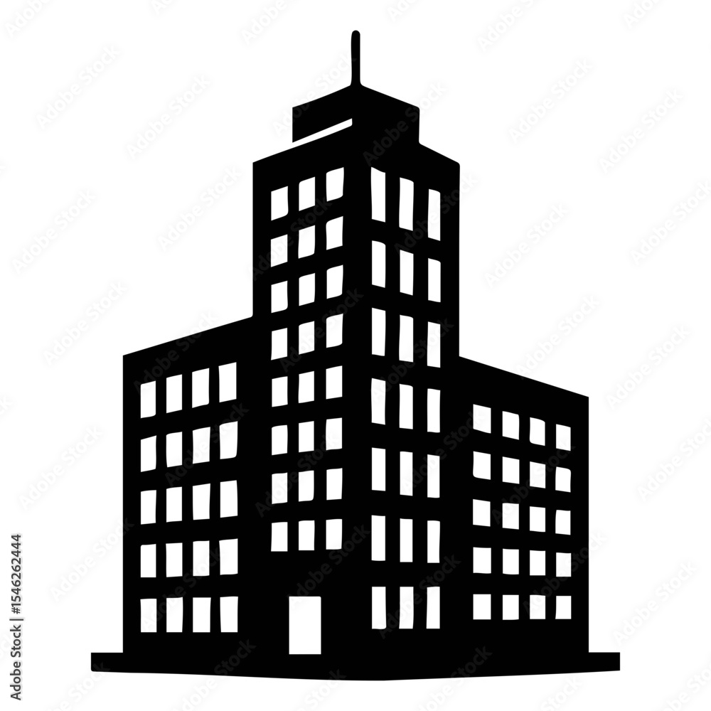 Poster silhouette of a tall building with multiple floors and a small antenna on top of it shown on transpa
