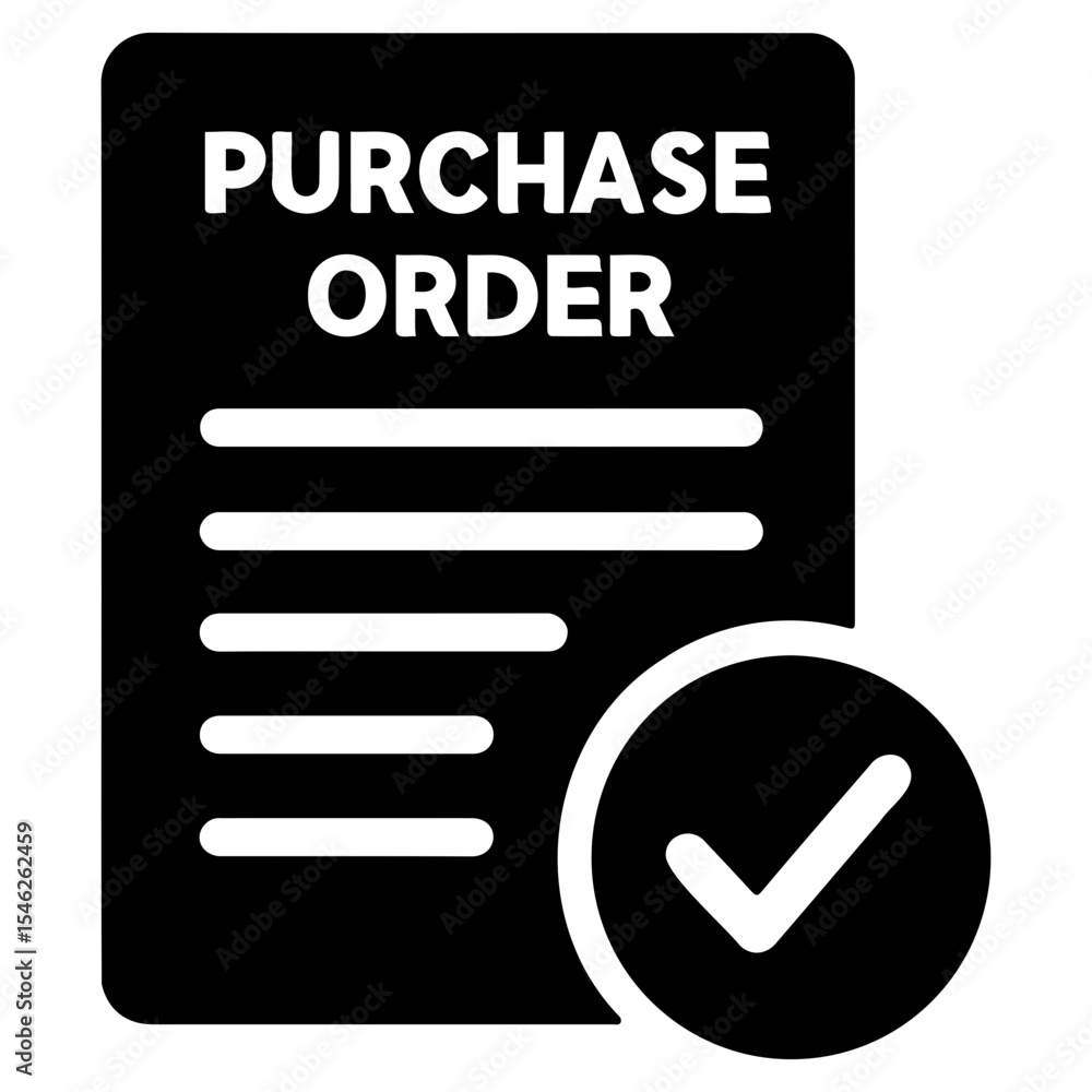 Poster black purchase order document with horizontal lines and a checkmark in a circle icon on transparent 