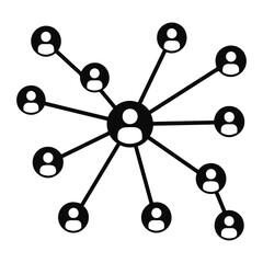 Network of interconnected people with central node and radiating connections in black and white on transparent background