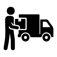 Person carrying a box towards a delivery truck in black and white vector illustration on transparent background