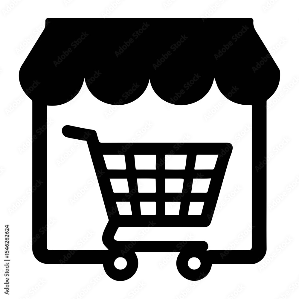 Poster illustration of a store front with a shopping cart inside in simple black and white style on transpa