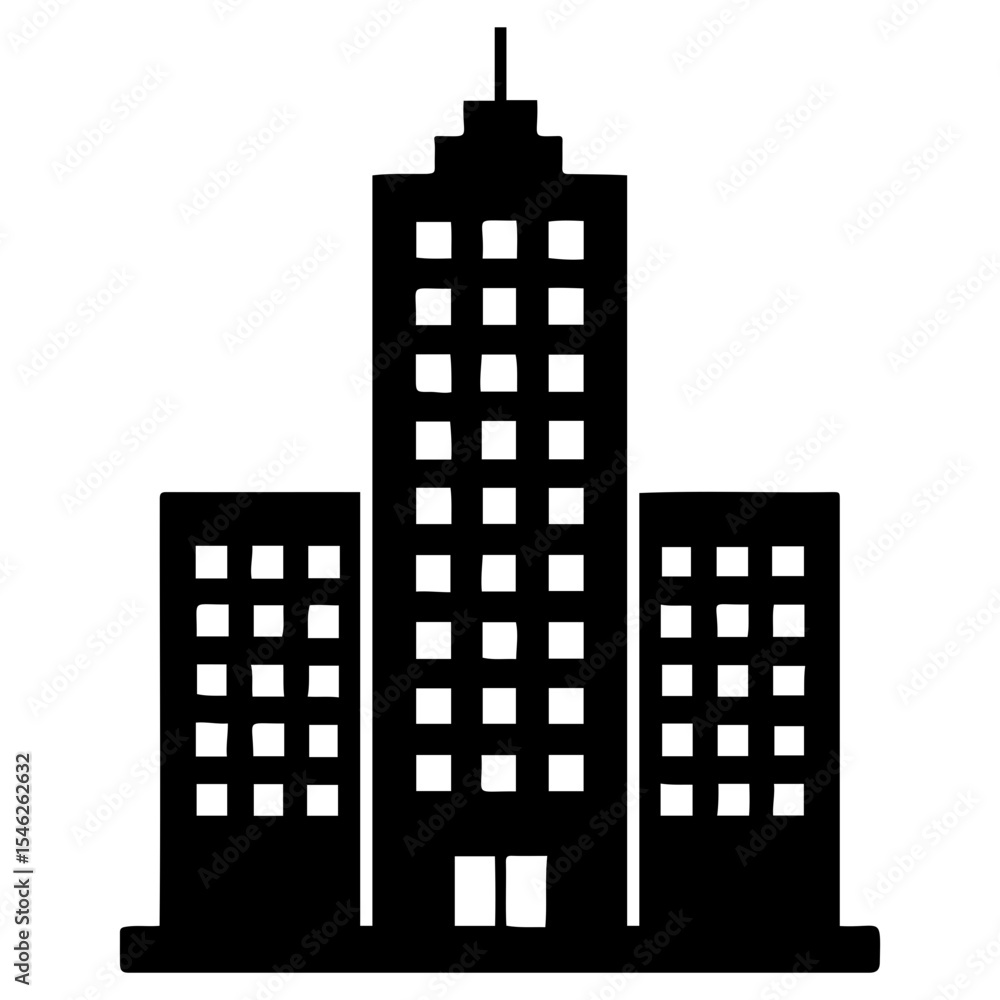 Aufkleber silhouette of a tall building with many windows and two shorter buildings on each side of it on tran