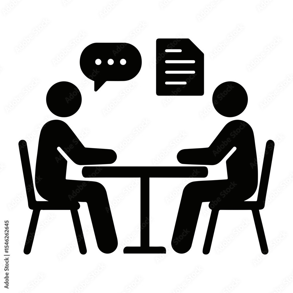 Aufkleber two people sitting at a table in discussion with document and speech bubble icon present in view on 