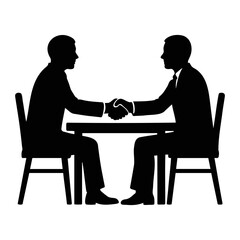 Obraz premium Silhouette of two businessmen shaking hands across a table in a business meeting setting on transparent background