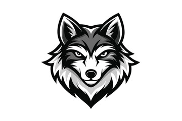 The monochrome wolf head displays intense eyes and is outlined with black borders