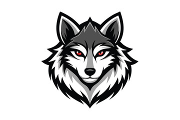 Gray wolf head shows piercing red eyes, displaying detailed fur on a white backdrop